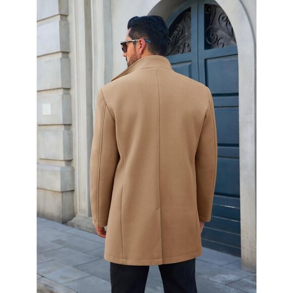 Men's Khaki Pea Coats Single Breasted Stand Collar Casual Slim Fit Trench - Picture 3 of 5